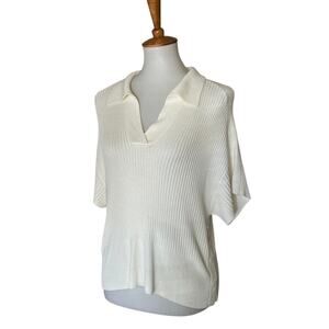 Rag & Bone Ribbed Knit Polo Top Cream Viscose Johnny Collar Snap Side Detail